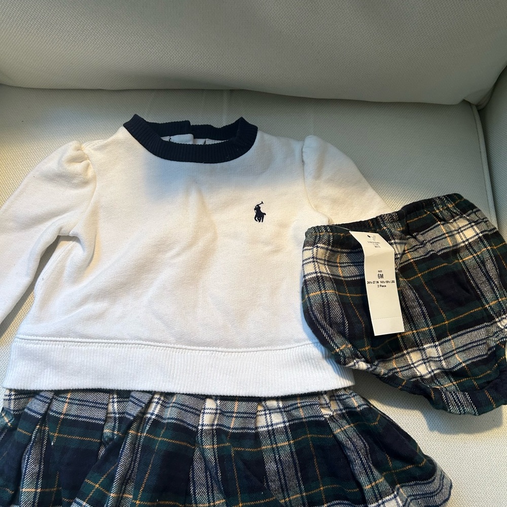 NWOT Ralph Lauren Baby Dress Set - White and Navy Plaid • 6 month